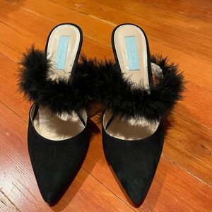 Betsey Johnson Black Fur-Embellished Mules